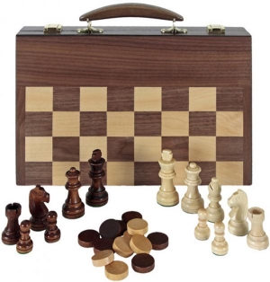 CHESS CHECKERS BACKGAMMON IN WOODEN ATTACHE